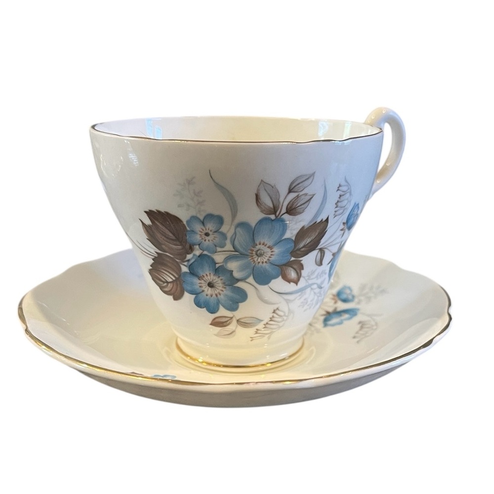 Royal Ascot Bone China Tea Cup & Saucer England Blue Brown Floral Vintage
